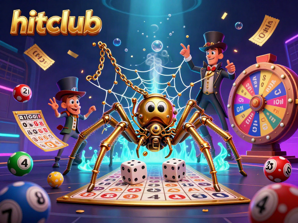 Engage with hitclub strategies as a golden spider weaves a lottery-inspired web, enhancing your game experience.