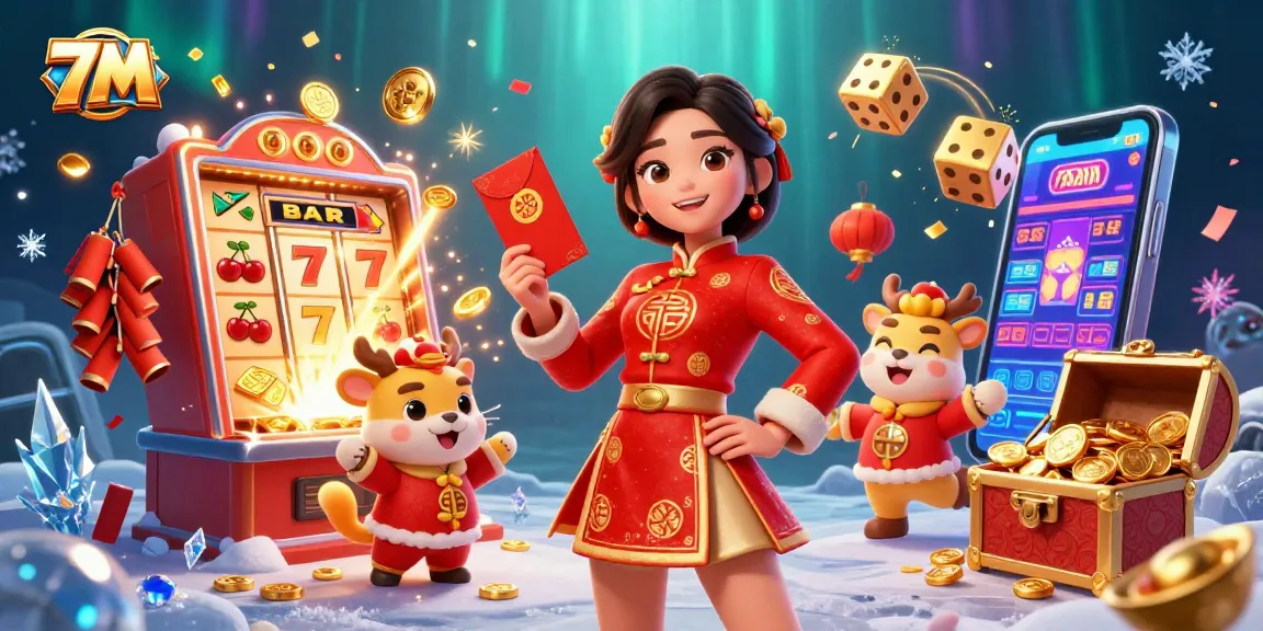 Experience thrilling wins at 7M with vibrant casino elements, slot machines, and festive characters.