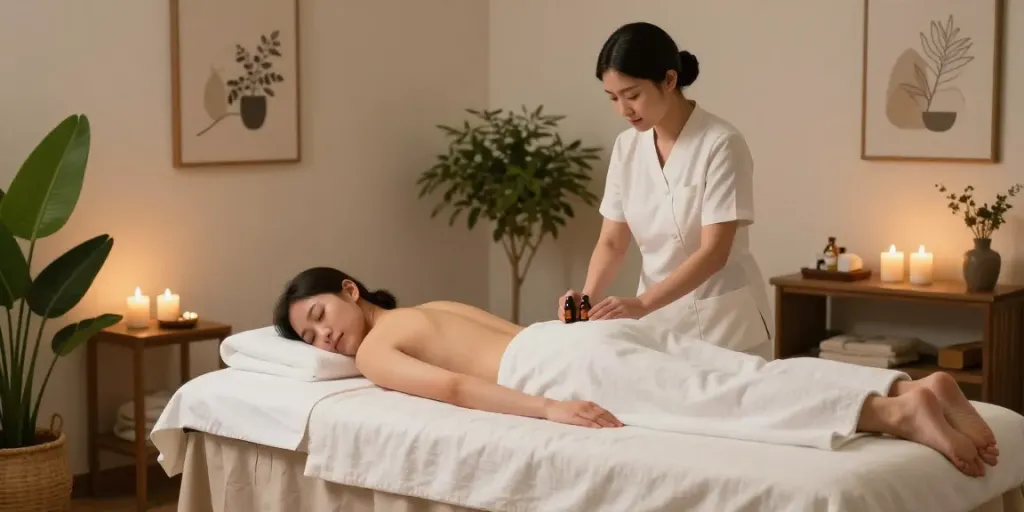 Serene scene showcasing 서초출장안마 service setup in a tranquil environment.