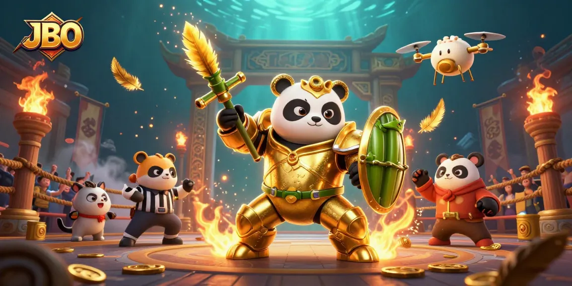 Experience JBO’s thrilling action as a golden panda fights in a vibrant gambling arena.