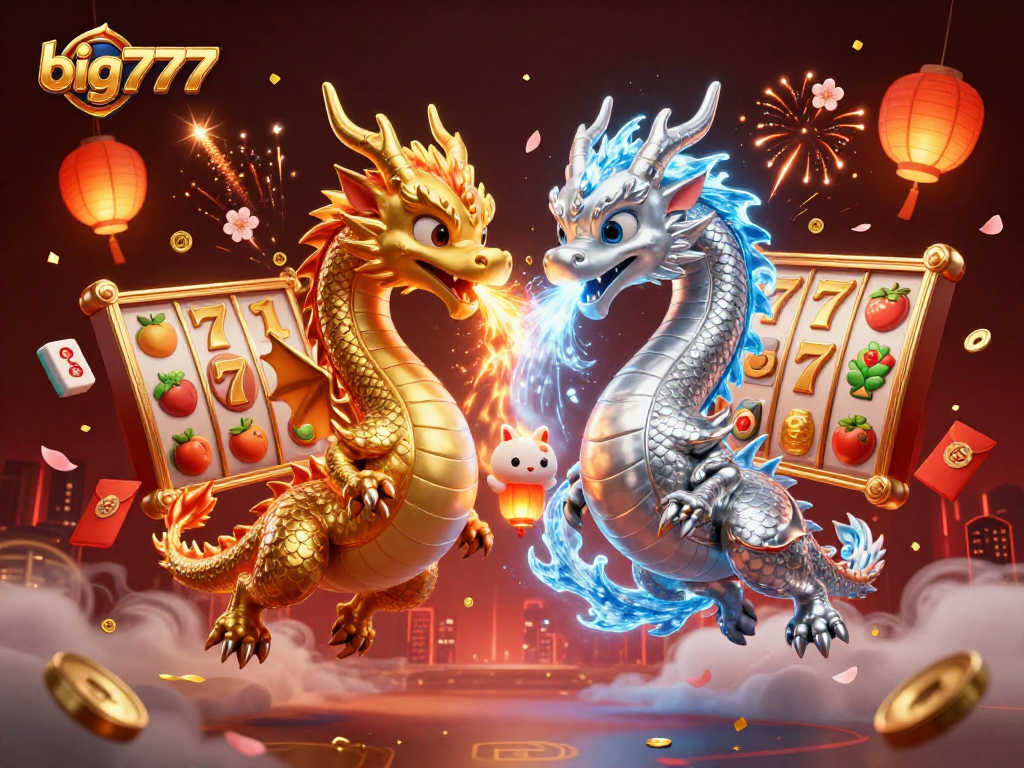 Engage with big777 slot action, featuring vibrant dragons amid fiery and icy elements in a lively casino scene.