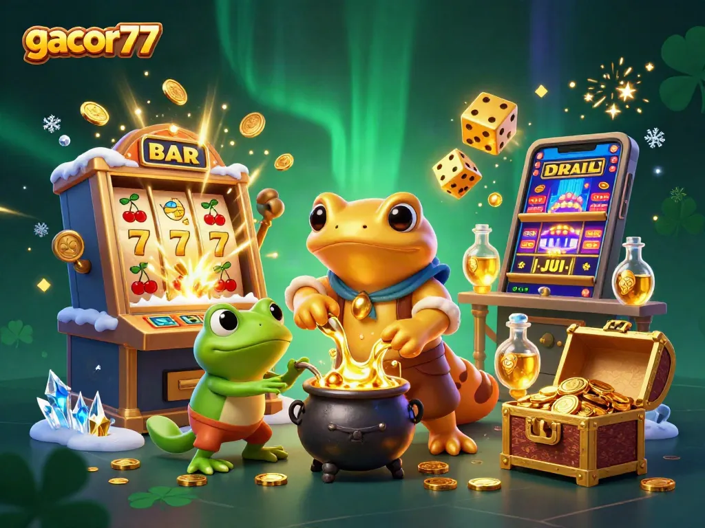 Gacor77 merayakan jackpot dengan simbol slot berlimpah dan alchemist yang memproduksi emas