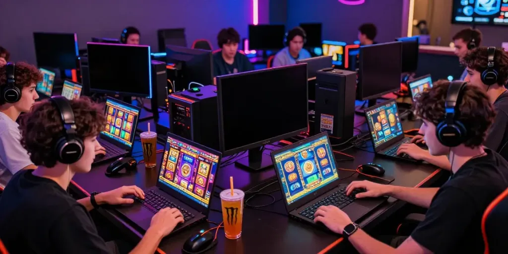 Engaged players enjoying server thailand slot games in a vibrant gaming lounge.