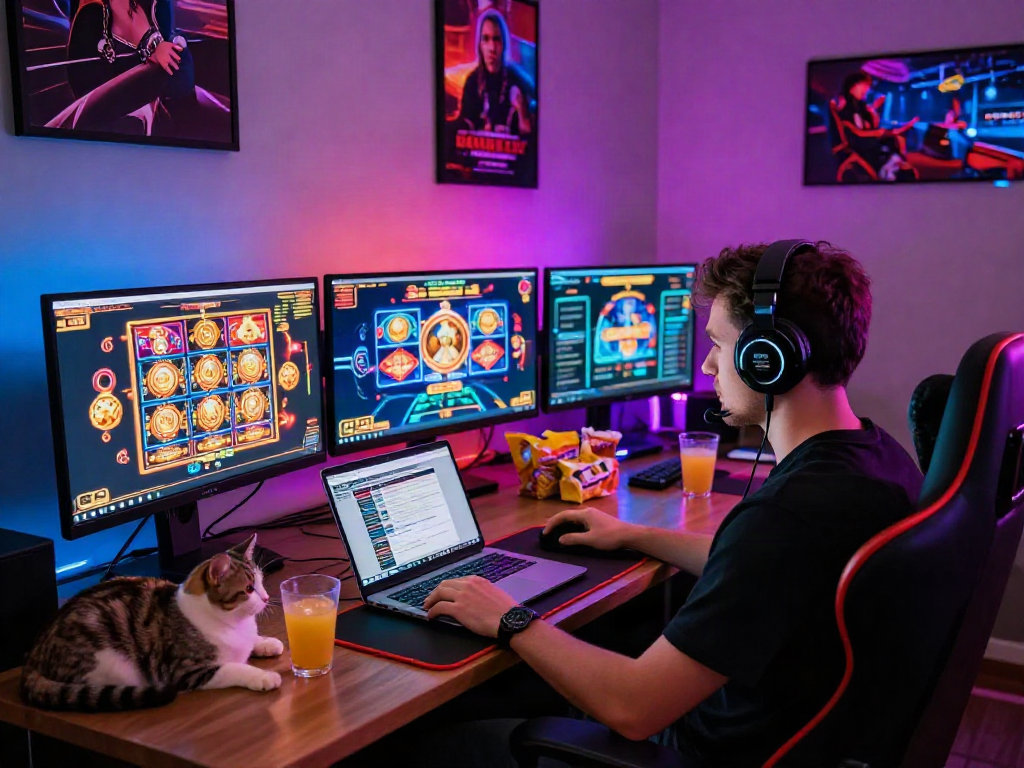 Engaged player enjoying casino online games at a colorful virtual gaming setup.