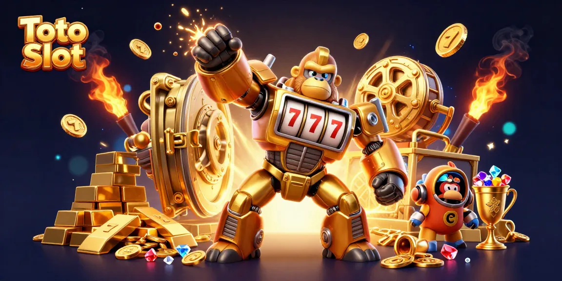 Bermain Toto Slot dan meraih jackpot besar dengan karakter gorila emas mega dan harta karun berkilau.