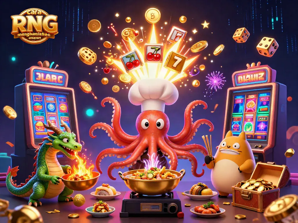 Menggunakan cara RNG menghasilkan putaran acak dalam permainan slot dengan karakter lucu di lingkungan kasino yang penuh warna.