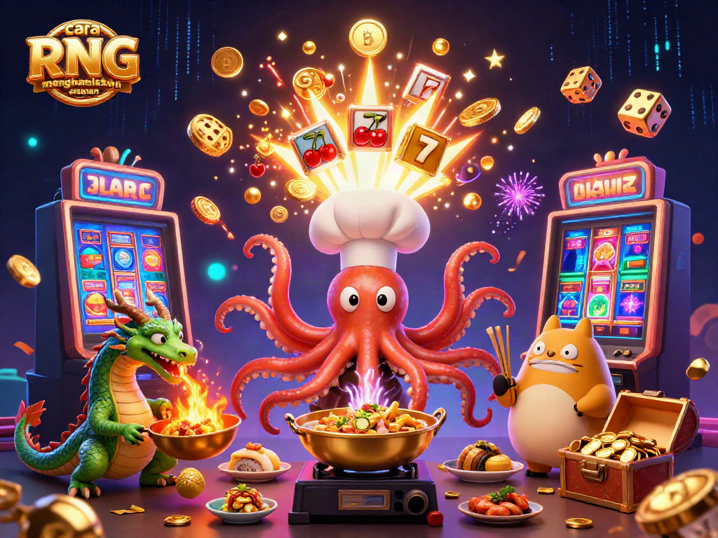 Menggunakan cara RNG menghasilkan putaran acak dalam permainan slot dengan karakter lucu di lingkungan kasino yang penuh warna.