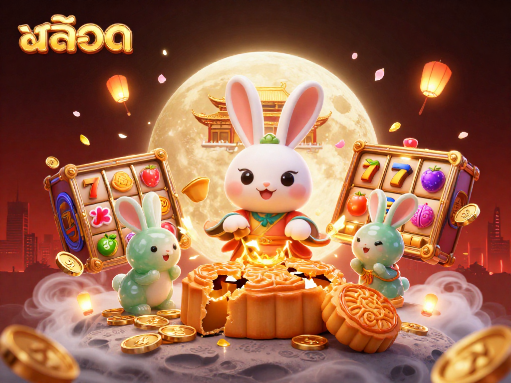 Spin vibrant slot reels with golden moon rabbit and jackpot symbols in a colorful 3D scene