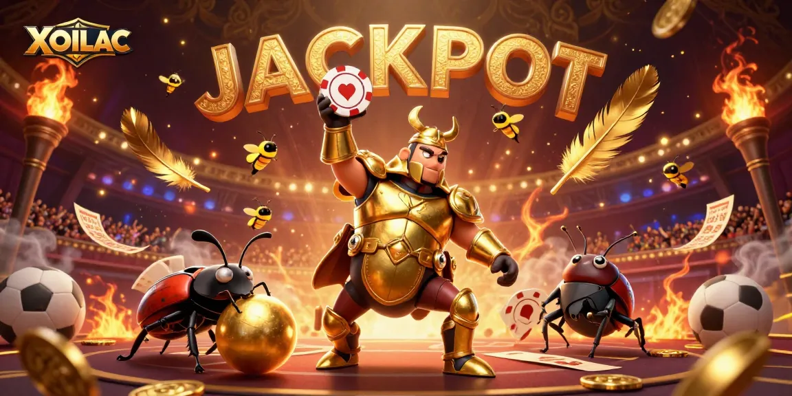 Experience excitement with XOILAC as cartoon heroes celebrate a sports betting victory with swirling coins and vibrant stadium.