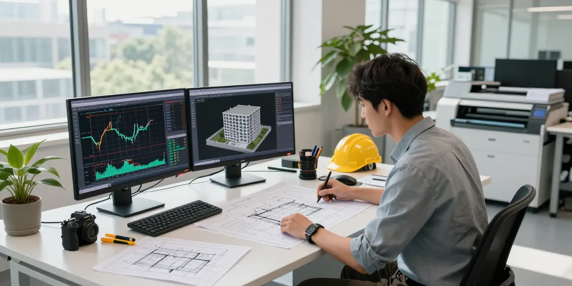 Professional engineer in Missouri reviewing structural plans in a bright office setting.