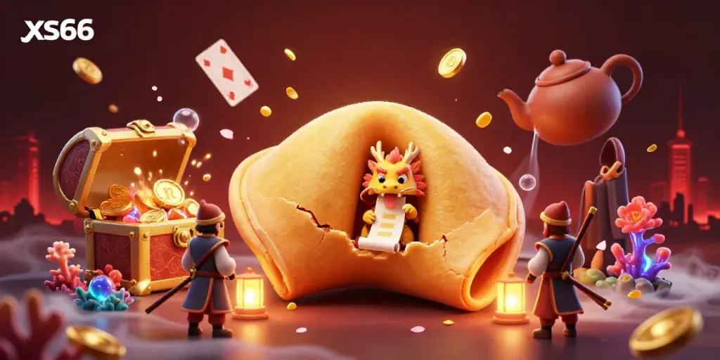 Experience thrilling wins at xs66 with an adventure featuring a magical fortune cookie and wise dragon amidst vibrant treasures.