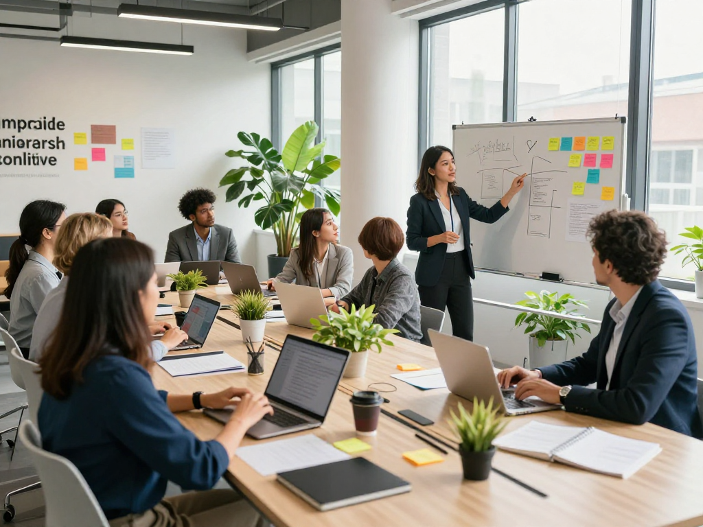 Team collaborating at https://koperasisantun.com/ in a modern coworking space with vibrant decor.