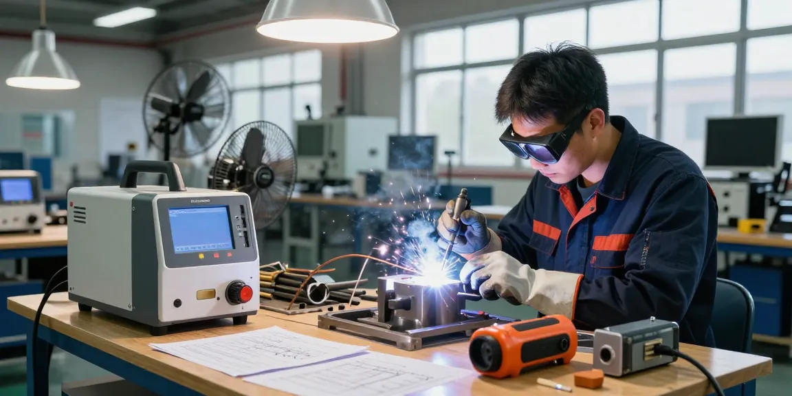 Technician using an induction welder in a modern industrial workshop, showcasing precision and advanced welding technology.