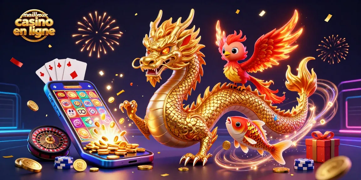 Jouez et gagnez au meilleur casino en ligne avec cette illustration dynamique remplie d'éléments de jeux et de personnages colorés.