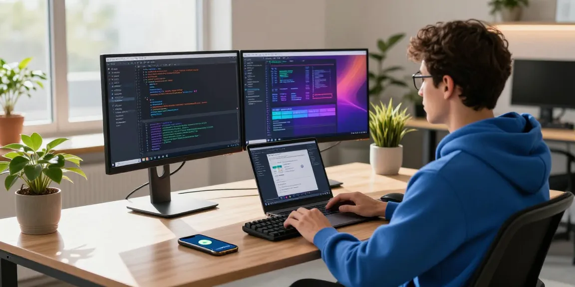 快连 software workspace with developer coding on multiple monitors in a modern office.