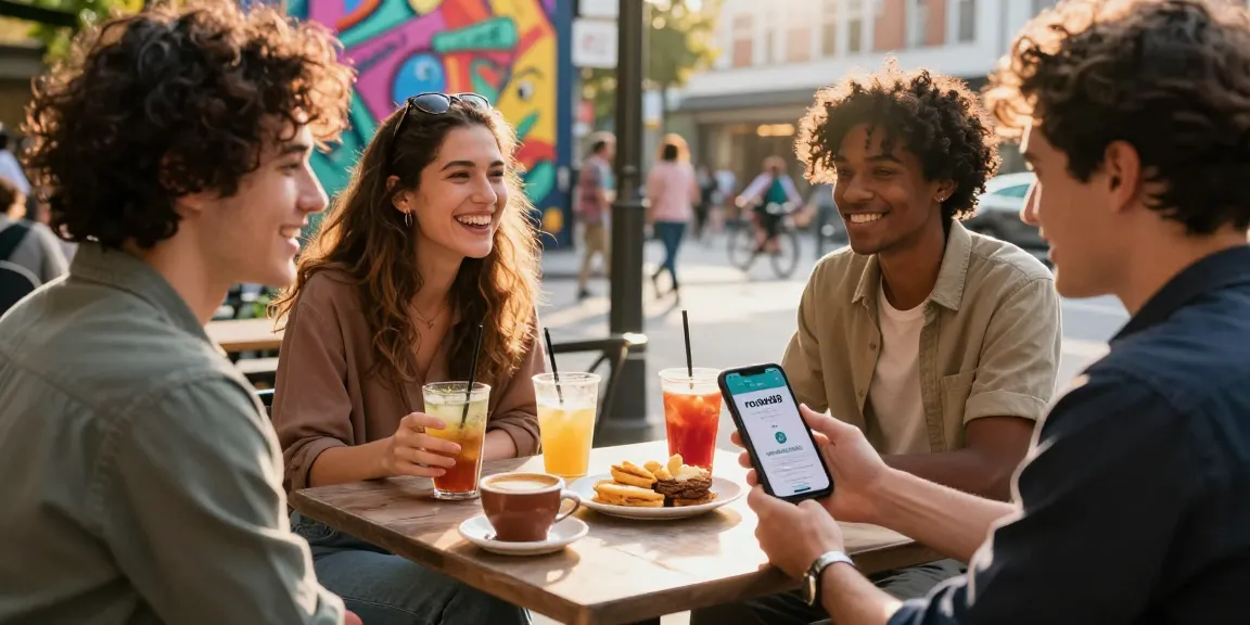 Friends engaging in conversation with rokok88 daftar app displayed on smartphone, vibrant urban lifestyle scene.