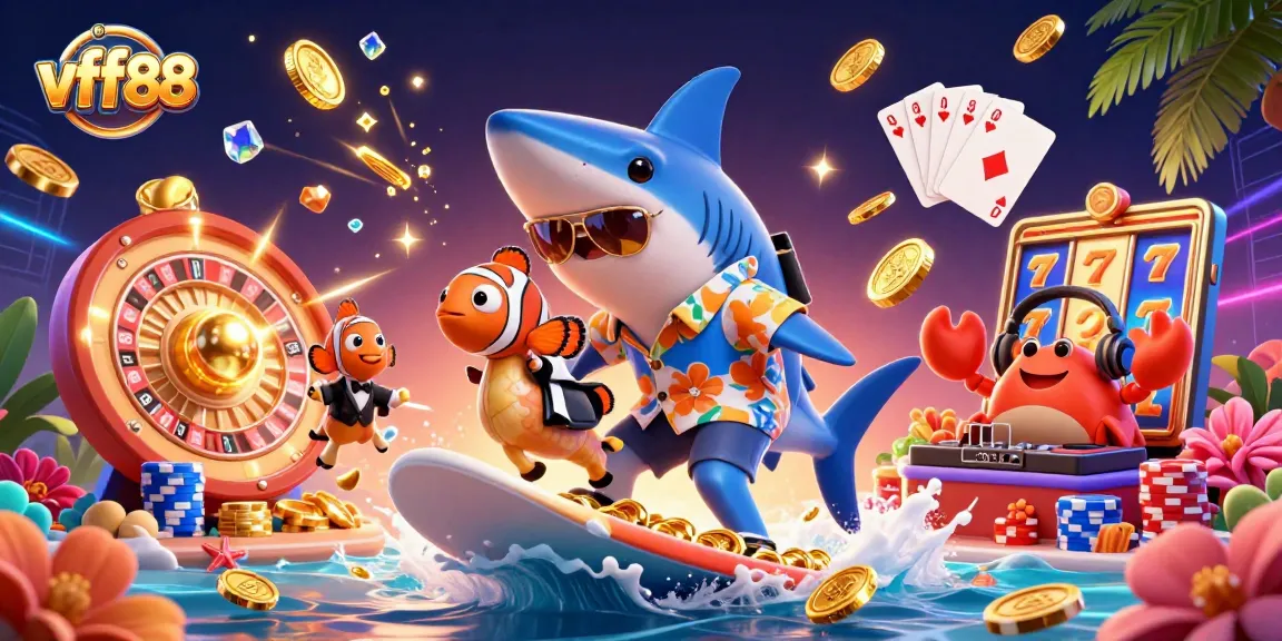Surf on gold coins with vff88's shark mascot, while enjoying an exciting casino atmosphere.