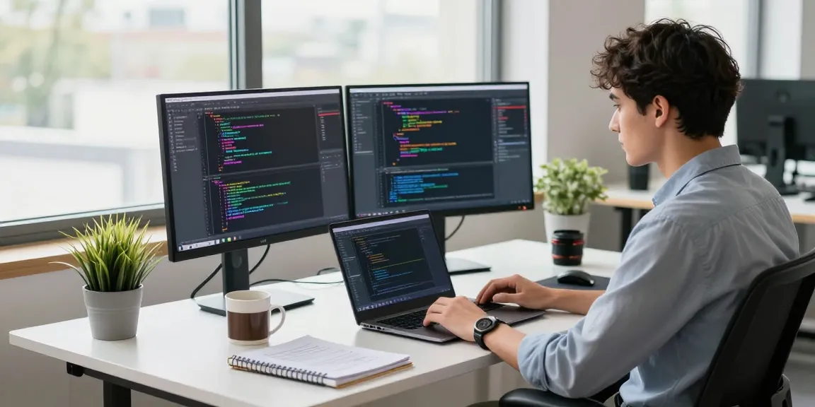 Developer working in a modern office with dual monitors, showcasing snipaste官网 functionality for efficient screen capture.