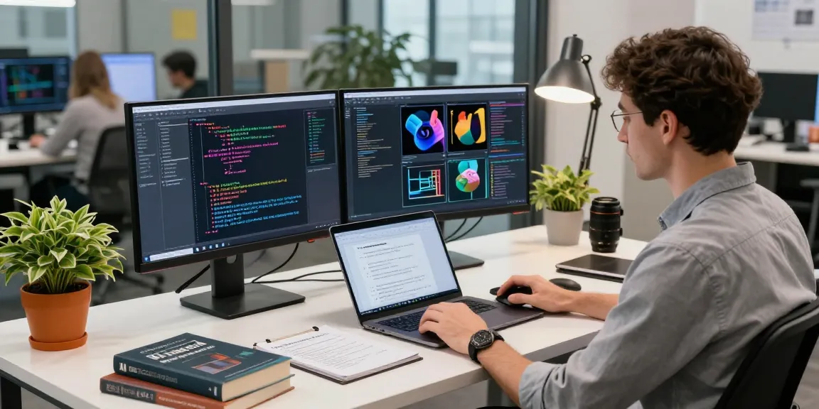 AI image detector analysis in a modern workspace with dual monitors showing image processing.