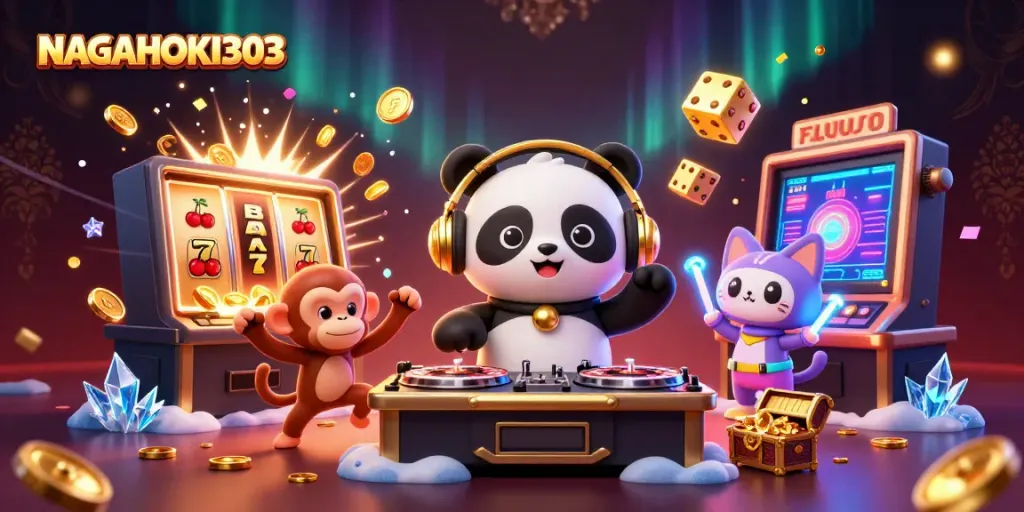 Beraksi dengan NAGAHOKI303, DJ panda dan karakter ceria dalam lingkungan kasino yang meriah.