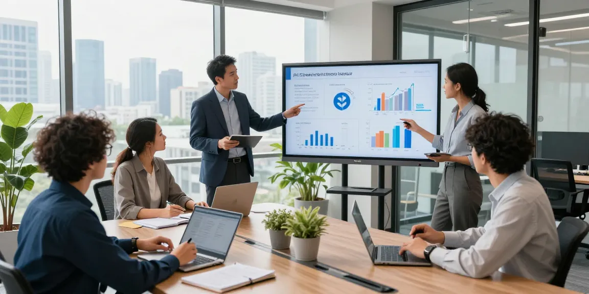 Diverse team in a bright office discussing how does AI create jobs opportunities with data presentations.