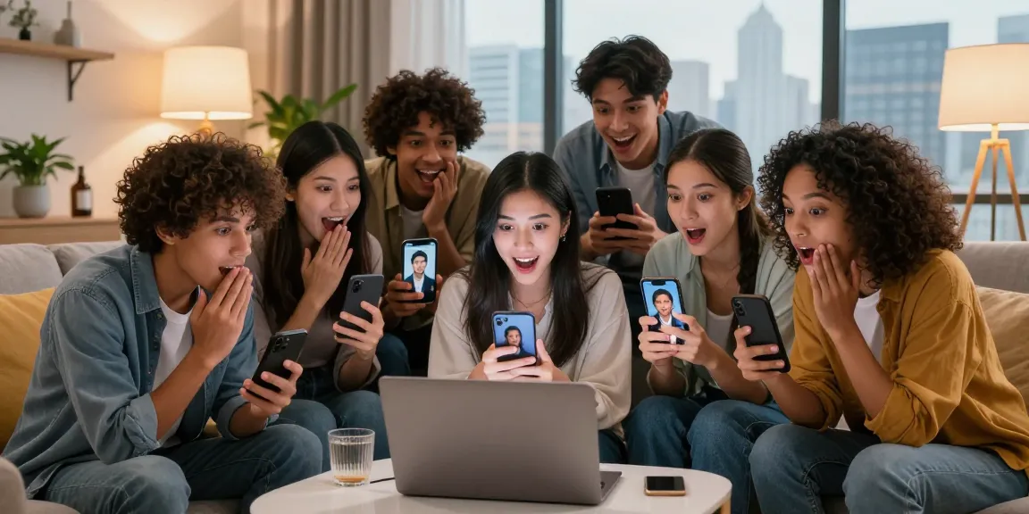Friends enjoying the excitement of finding their celebrity look alike using an AI face identifier on a laptop.