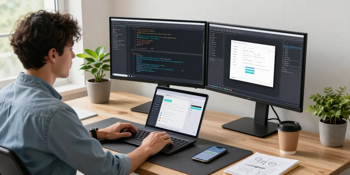 快连 network acceleration experience in a modern tech workspace with dual monitors, potted plant, and natural light.