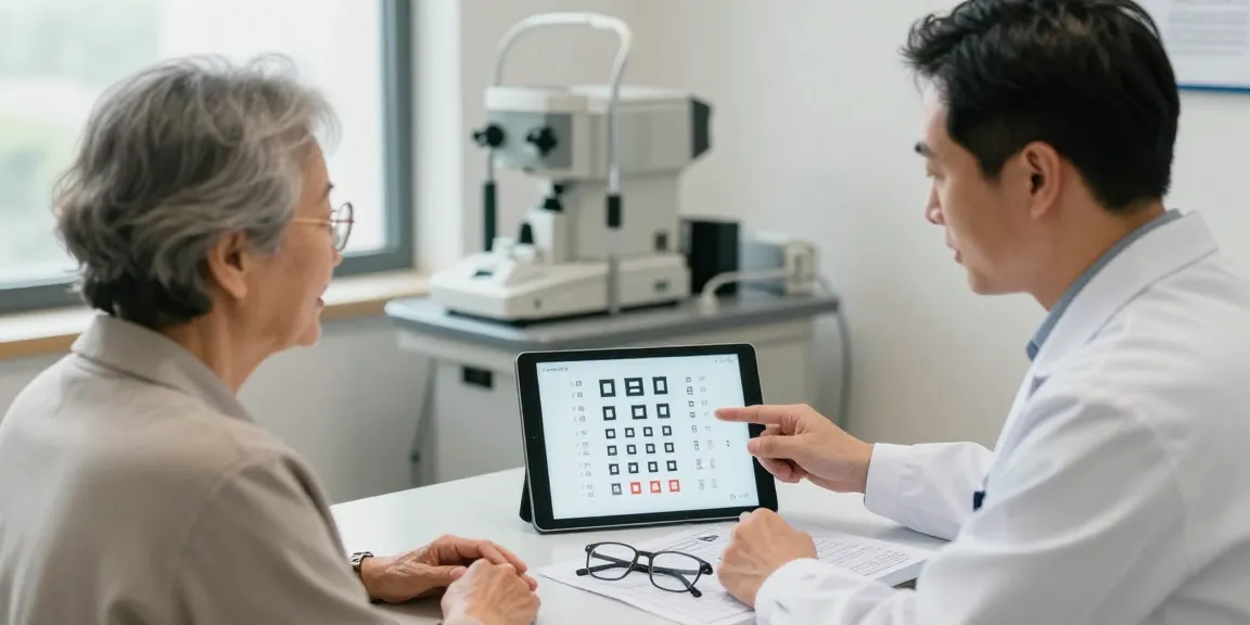 Patient discussing黄斑病變檢查 with an eye doctor using Amsler grid in a professional clinic.