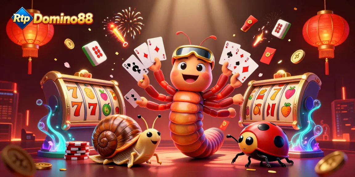 Experience Rtp Domino88 with a lively illustration of vibrant casino elements and characters.