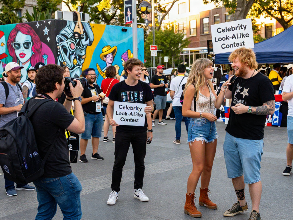 Engaging event showcasing look alikes of famous people in a lively urban setting.