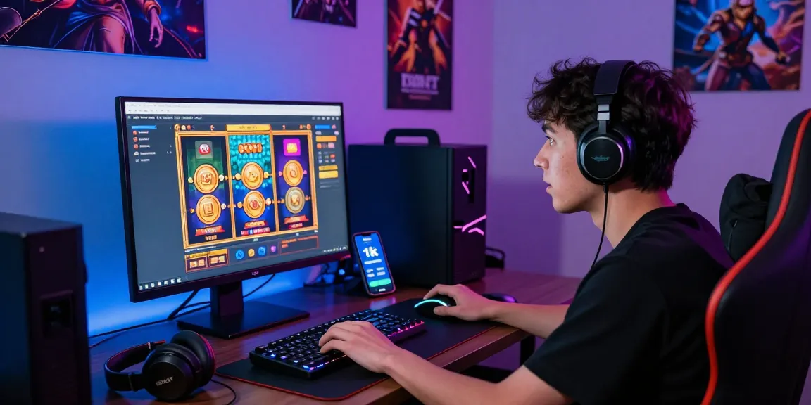 Engaged gamer ready to make a slot deposit 1k on GARUDA303, showcasing vibrant online gaming setup.