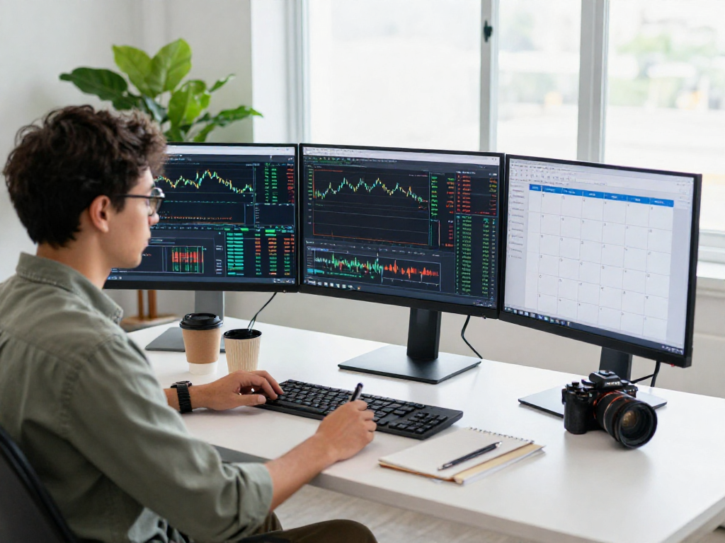 使用metatrader 5进行交易分析的交易者在现代办公桌前,屏幕显示图表和经济新闻。