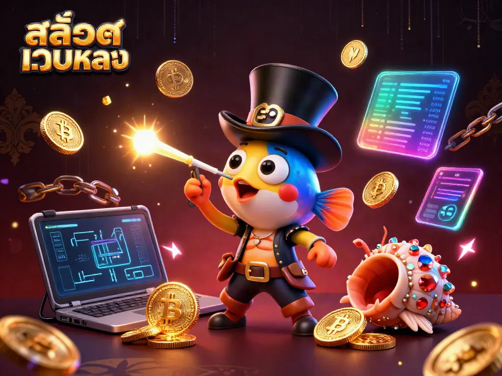 Engage with สล็อตเว็บตรง as the anglerfish attracts golden coins in this vibrant casino-inspired underwater scene.
