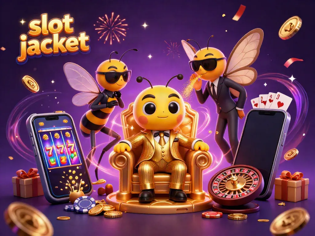 Experience the thrill of slot jackpot with a lively 3D casino scene featuring a bumblebee mob boss and colorful game elements.