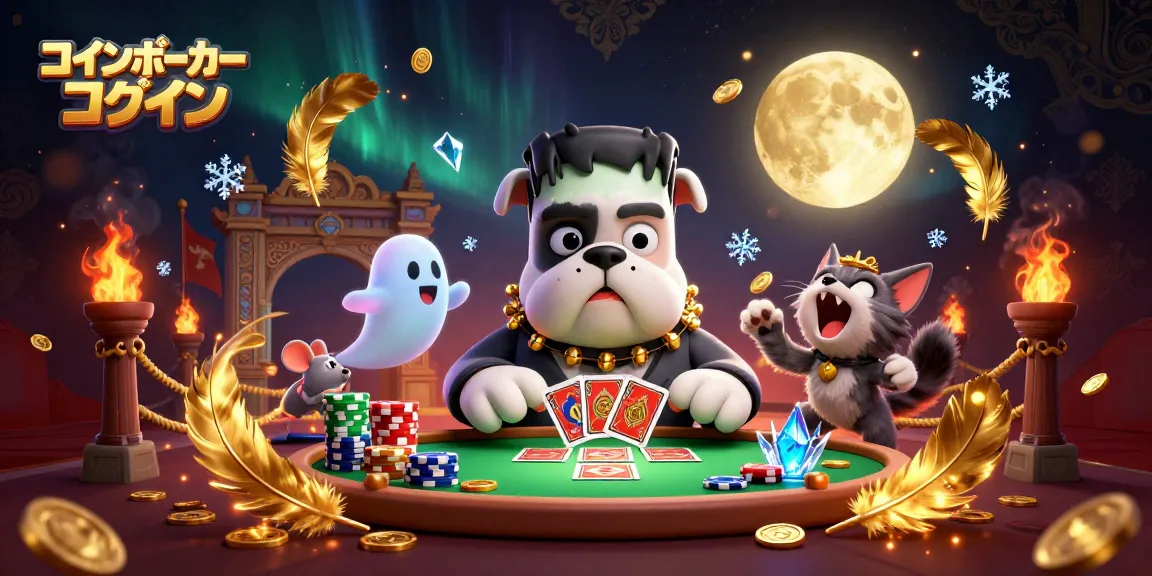 コインポーカー ログインで楽しむフランケンシュタインの犬がカードを配る3Dイラスト