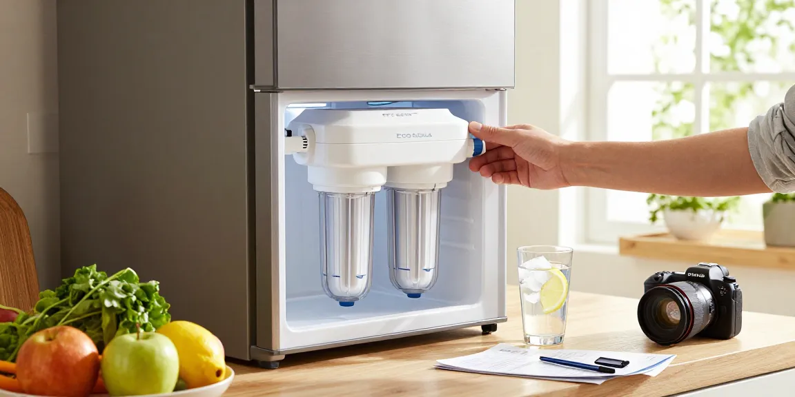 EcoAqua EFF-6011A Refrigerator Water Filter installation in a bright kitchen, showcasing health and freshness.