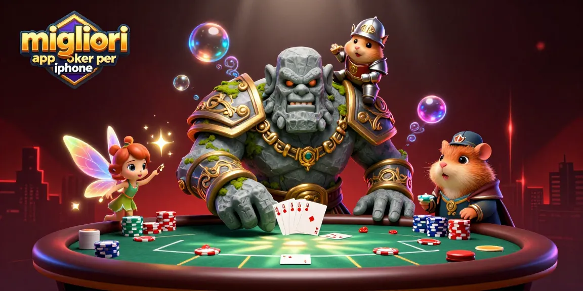 Migliori app poker per iphone con un golem e un cavaliere che giocano a poker al tavolo con monete e carte.
