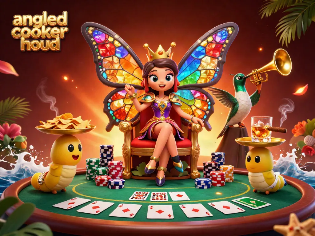 Engage with the angled cooker hood scene featuring a butterfly queen amidst a vibrant casino atmosphere.