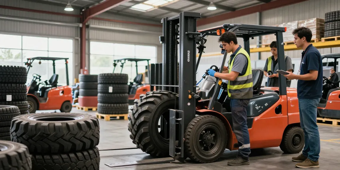 Forklift tyres for sale in Johannesburg showcased in a vibrant warehouse setting, highlighting solid, pneumatic, and polyurethane options.