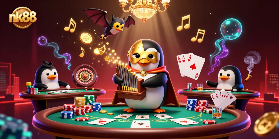 Experience exciting gaming at nk88 as a penguin plays the pipe organ amidst a lavish casino.