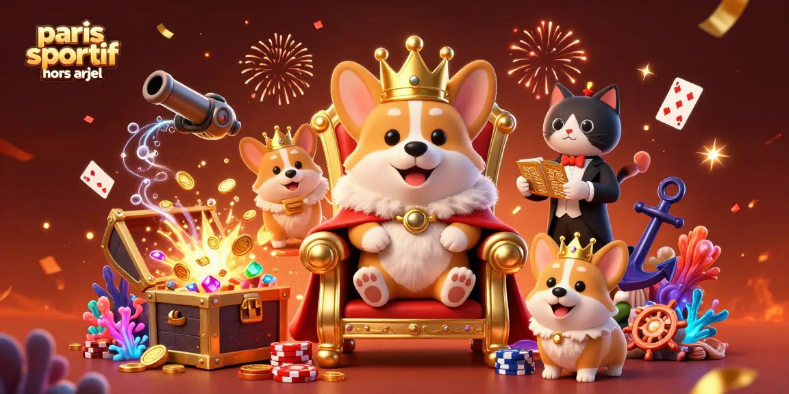 Vivez l'expérience immersive des paris sportif hors ARJEL avec un corgi royal entouré de jeux ethérés et de joyaux.