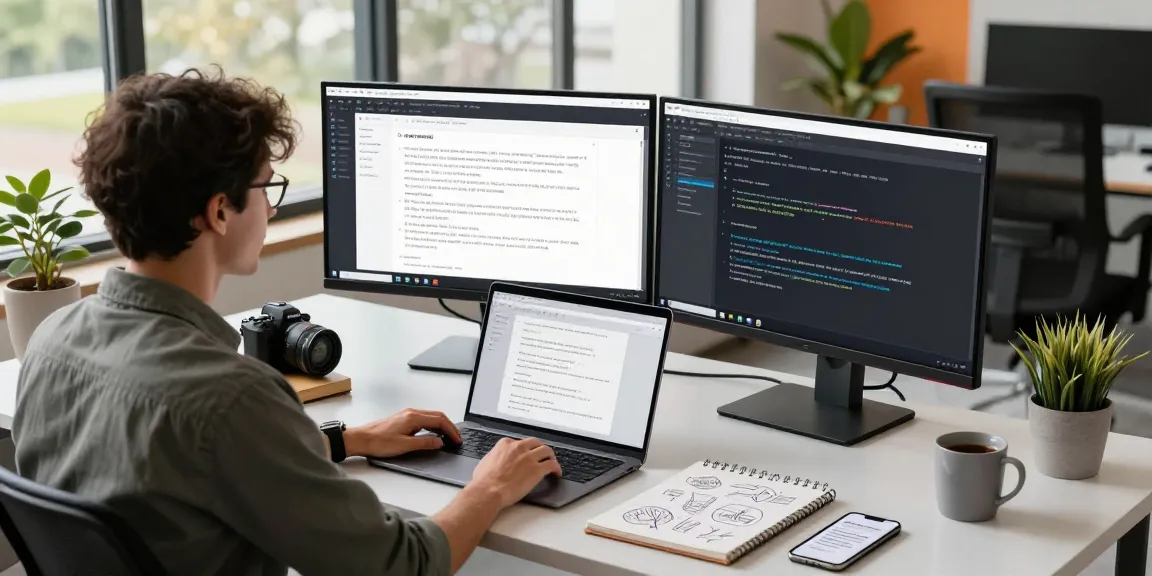 Writer utilizing AI writing tools in a modern tech workspace, dual screens showcasing creative content and analytics, inspiring atmosphere.