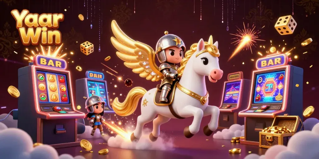 Experience thrilling moments with Yaar Win featuring a celestial horse, knight, and colorful casino elements.