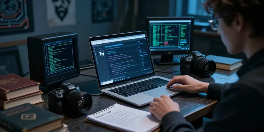 Researcher exploring hidden wiki 2026 on dark web, with laptop and cryptographic data.