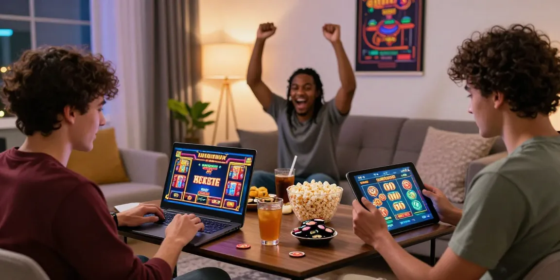 Groupe enthousiaste jouant ensemble à des jeux de casino en ligne chez eux, célébrant des victoires.