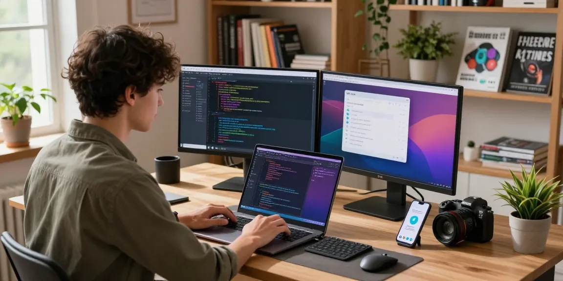 Focused developer using 纸飞机中文版 in a modern home office, showcasing coding and tech tools.