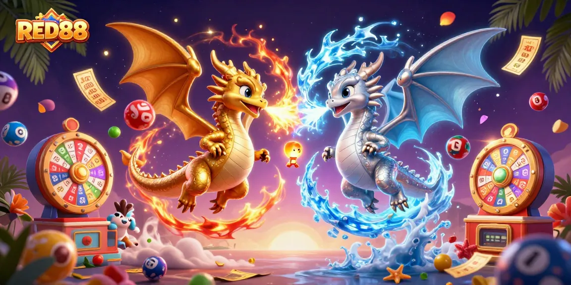 Engage with RED88's thrilling lottery atmosphere featuring dynamic dragons and colorful elements.