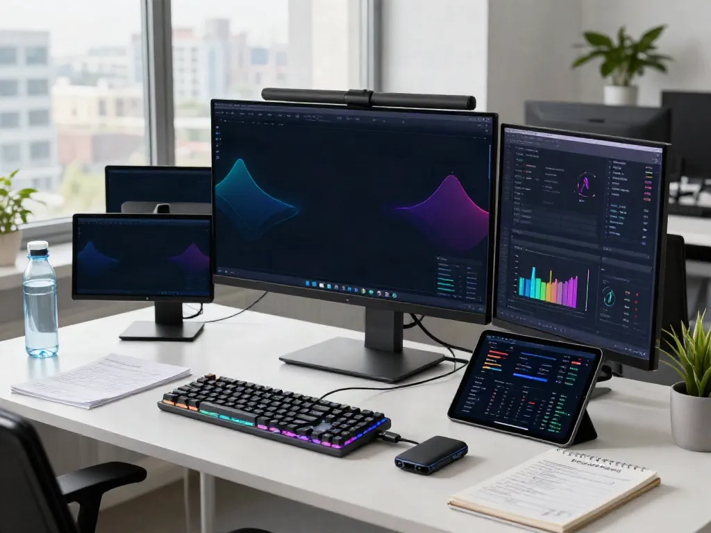 Real-time stock API trading workspace featuring美股实时行情API on multiple screens with charts and data analytics.