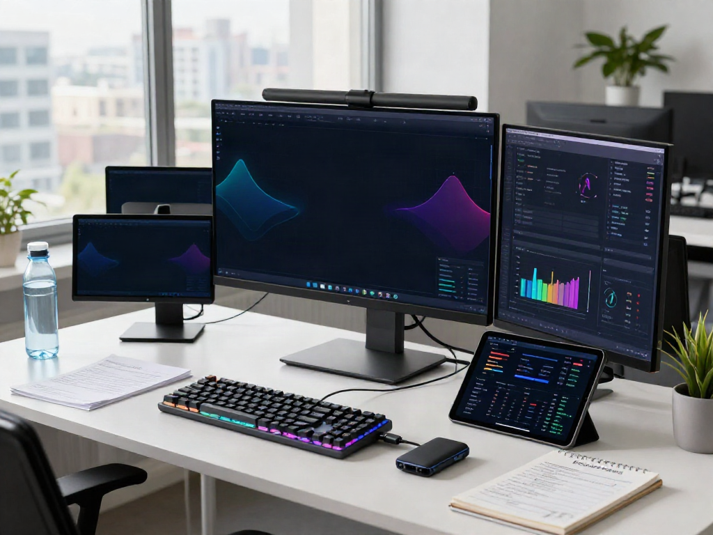 Real-time stock API trading workspace featuring美股实时行情API on multiple screens with charts and data analytics.
