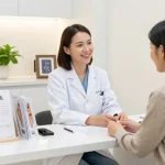現代のクリニックで患者とVIO脱毛+クリニックの選択肢について話し合う皮膚科医、専門知識とケアを強調。